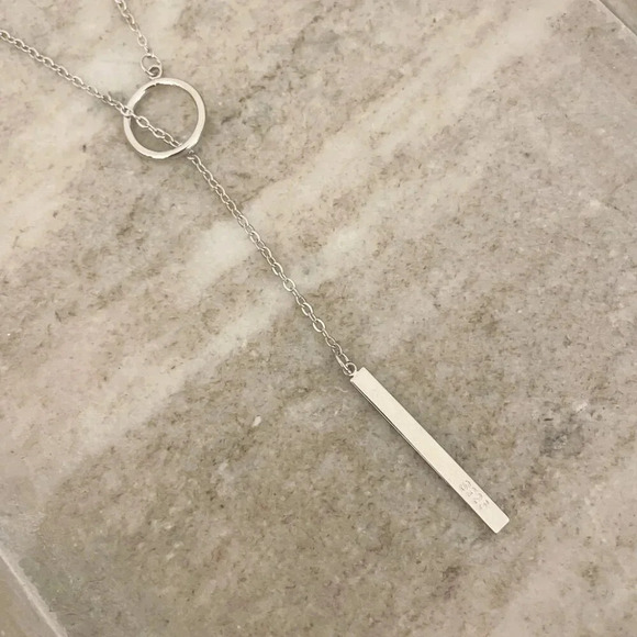 925 Sterling Silver Long Bar Lariat Necklace Long Drop Circle & Bar Necklace - Picture 7 of 9